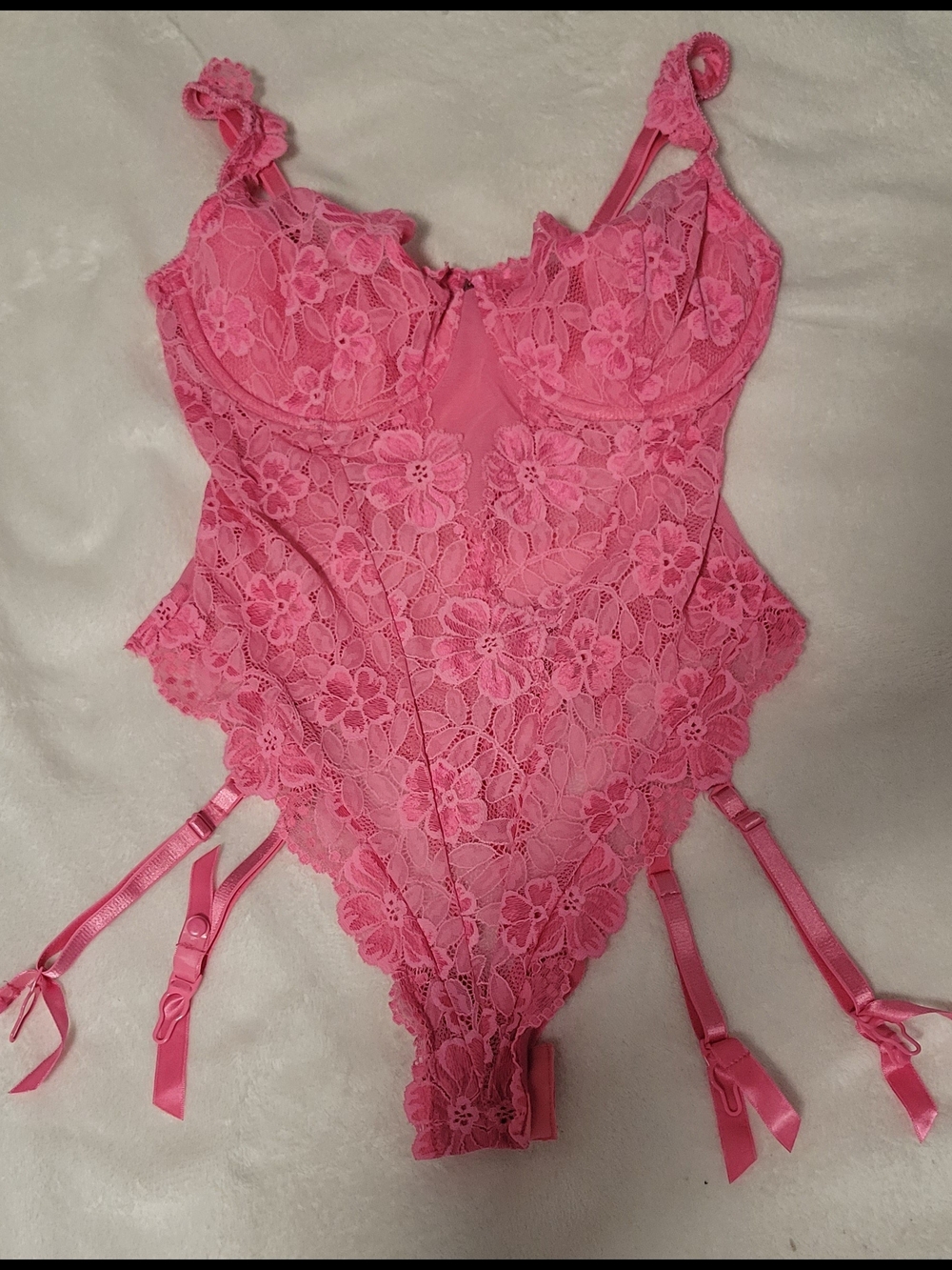 Victoria's Secret Hot Pink Floral Lace Bodysuit with Garter Straps